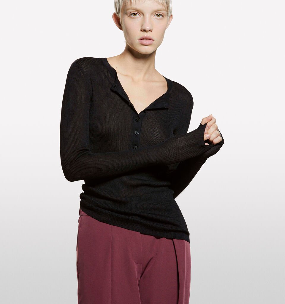 Black Henley top - women's crew neck sweaters - Black | Sisley image number 3